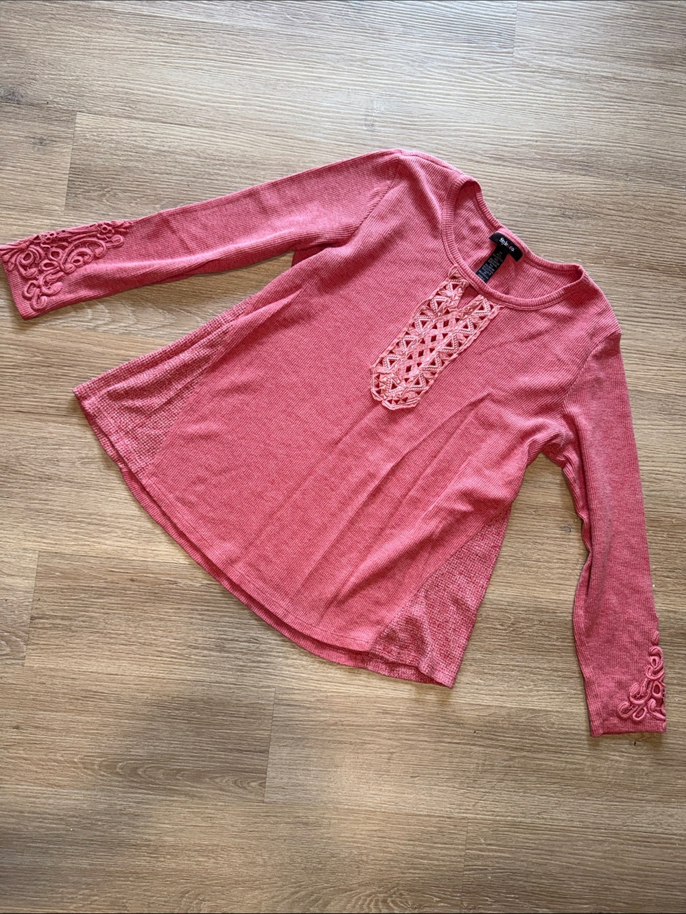 STYLE & CO. Waffle Knit Shirt Crochet Accent Long Sleeve Top